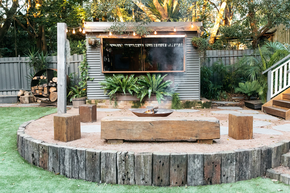 Inspiration for a country backyard patio in Sydney with a fire feature, gravel and no cover.