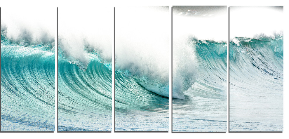 "Massive Blue Waves Breaking Beach" Seascape Wall Art, 5 Panels, 60"x28"
