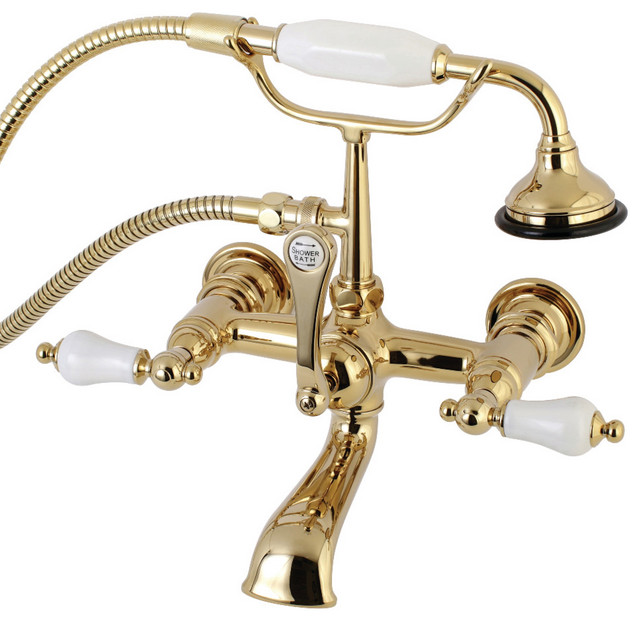 AE553T2 Aqua Vintage 7" Wall Mount Tub Faucet,Hand Shower, Polished Brass