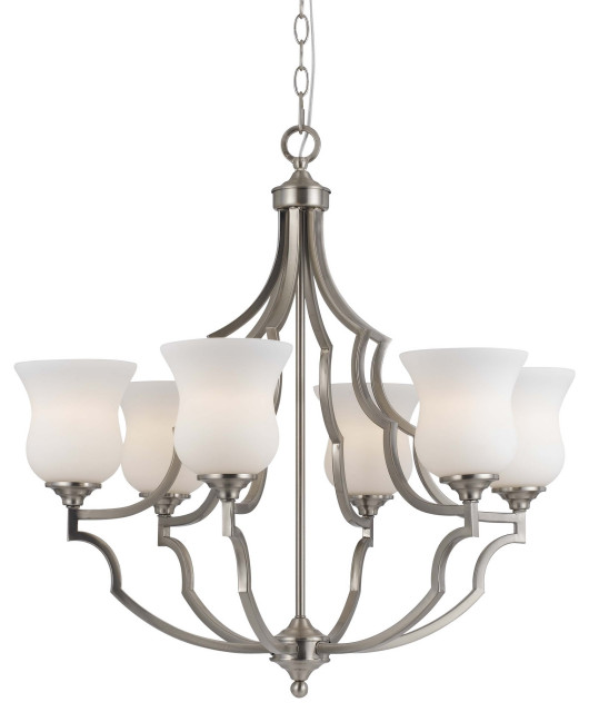 6 Bulb Uplight Chandelier With Metal Frame And Glass Shades,Silver And