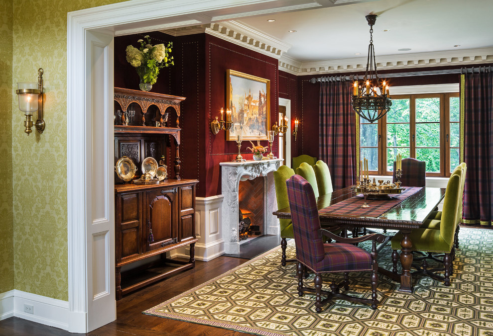 Design ideas for a traditional separate dining room in New York with red walls and dark hardwood floors.