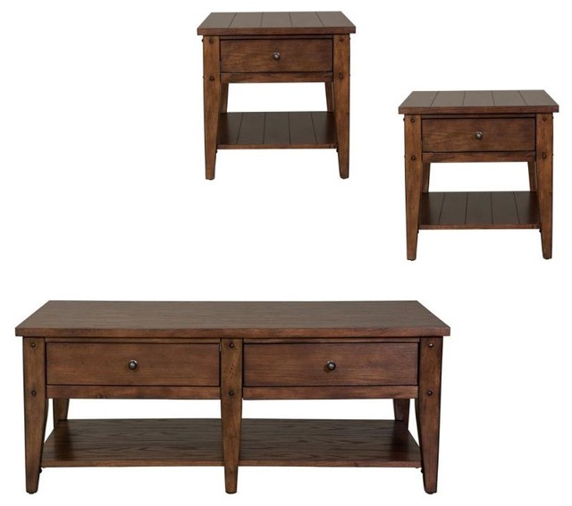 3 Piece Coffee Table and Set of 2 End Table in Oak Transitional