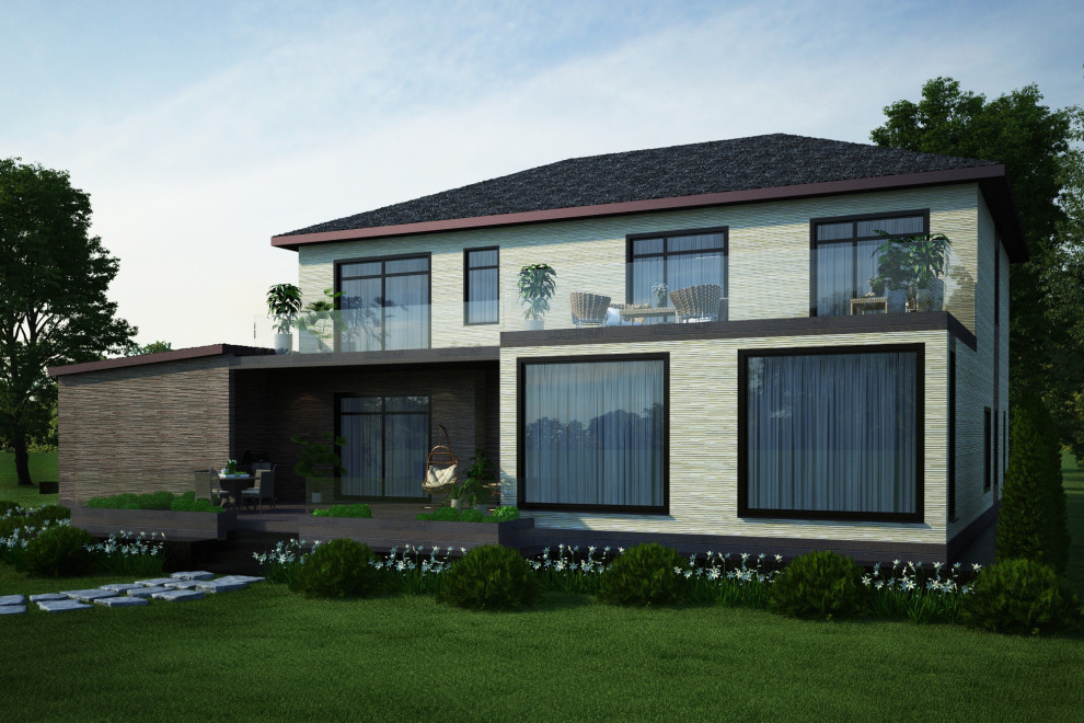 Imagen de fachada de casa beige actual extra grande de dos plantas con ladrillo pintado y tejado a dos aguas
