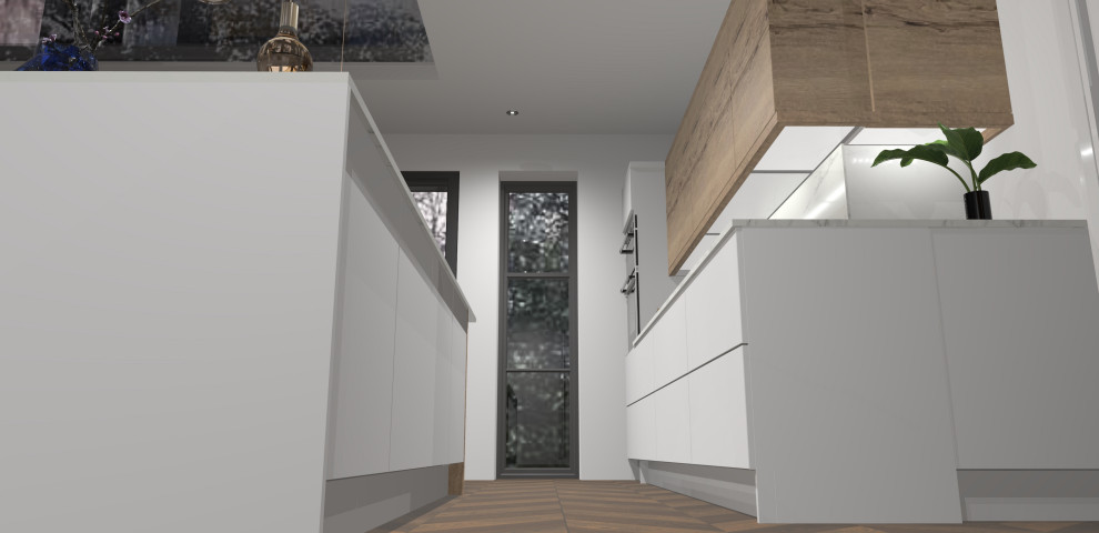 Idéer för mellanstora funkis vitt kök, med en undermonterad diskho, luckor med infälld panel, vita skåp, bänkskiva i kvartsit, vitt stänkskydd, integrerade vitvaror, vinylgolv, en köksö och flerfärgat golv