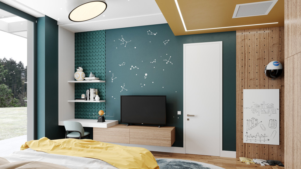 Idéer för att renovera ett funkis pojkrum kombinerat med sovrum, med blå väggar