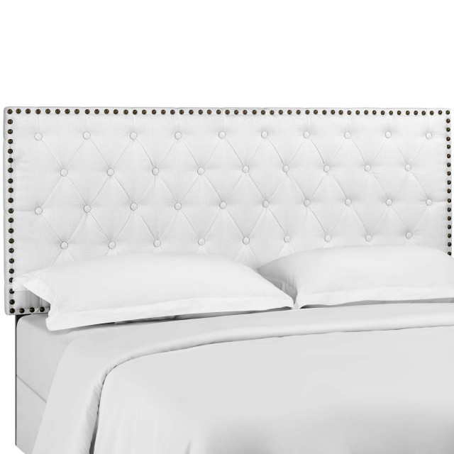 White Helena Tufted Full / Queen Upholstered Linen Fabric Headboard