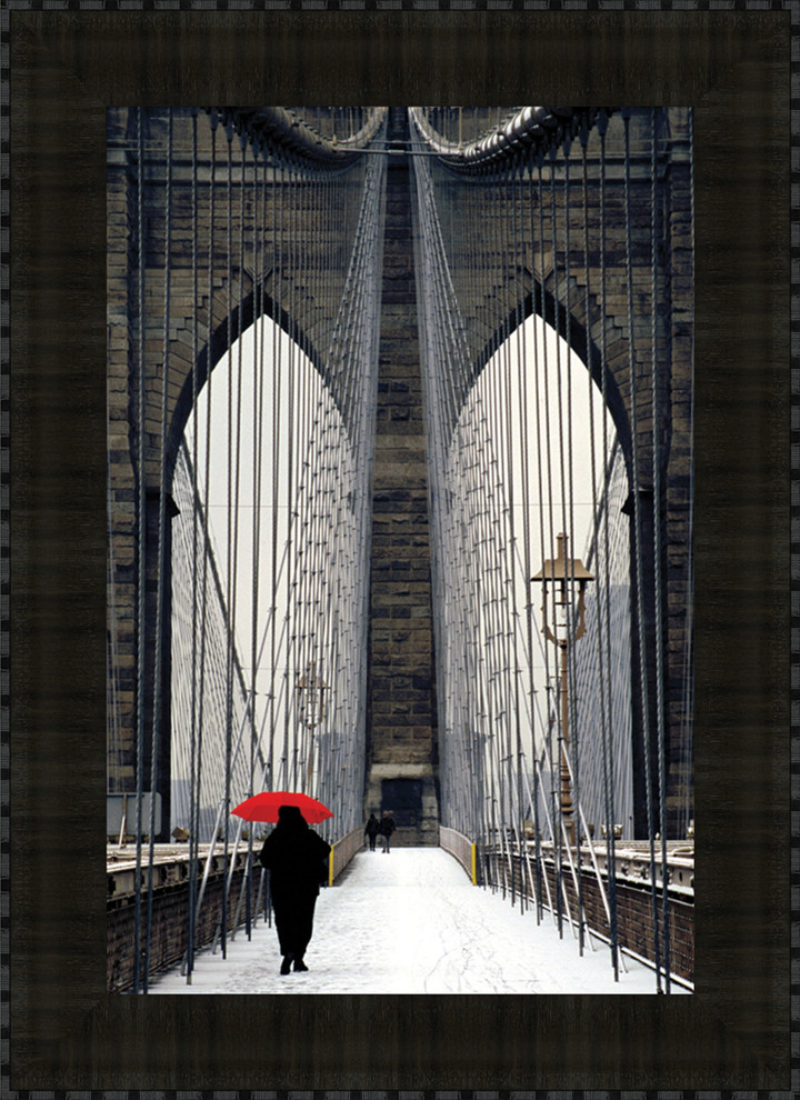 "Brooklyn Bridge Meets Red" By Michael Cahill, Framed Wall Art, Ready