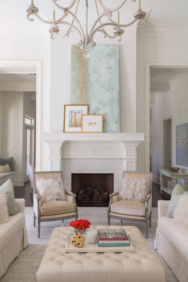 Mid-sized elegant formal and enclosed living room photo in New Orleans with white walls, a standard fireplace, a stone fireplace and no tv