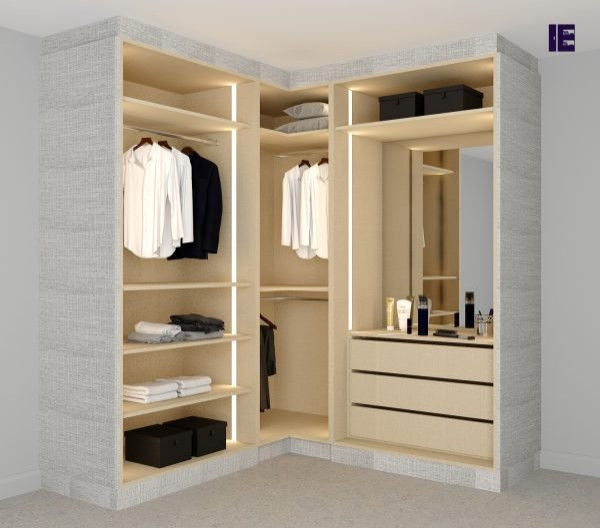 Small contemporary standard wardrobe in London with flat-panel cabinets, grey cabinets and feature lighting.