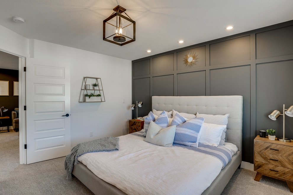 Inspiration for a transitional master bedroom in Other with white walls, carpet and grey floor.