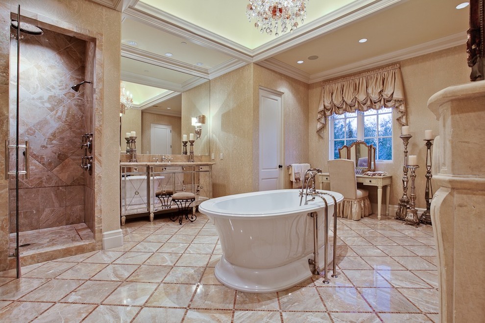 Inspiration for a mediterranean bathroom in Dallas with a freestanding tub.