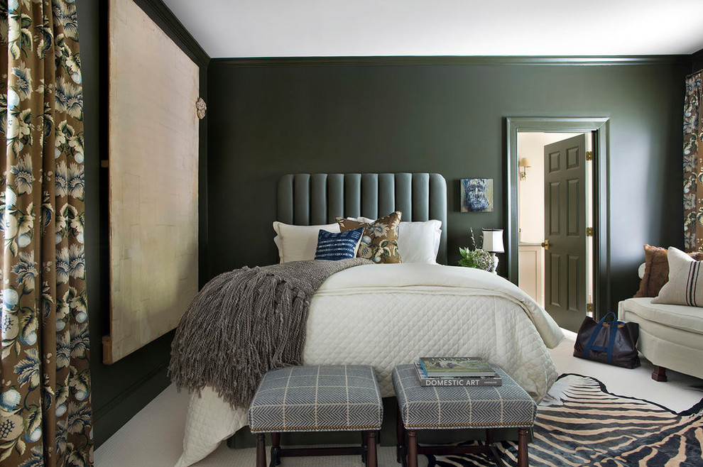 Photo of a transitional bedroom in Atlanta with green walls and white floor.