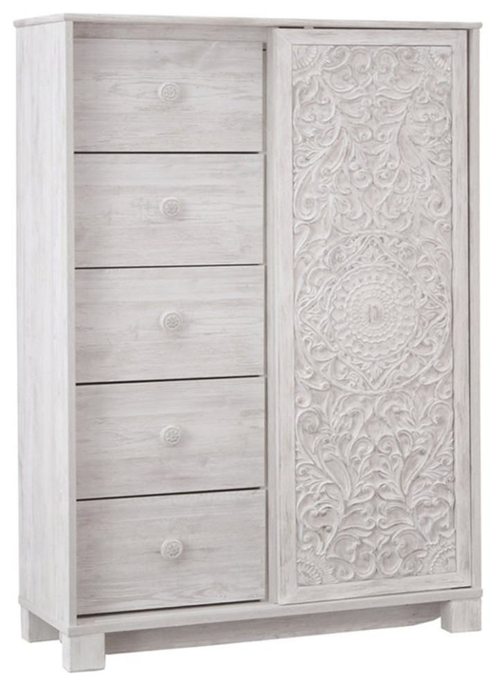 Ashley Furniture Paxberry 5 Drawer Door Chest in Whitewash French