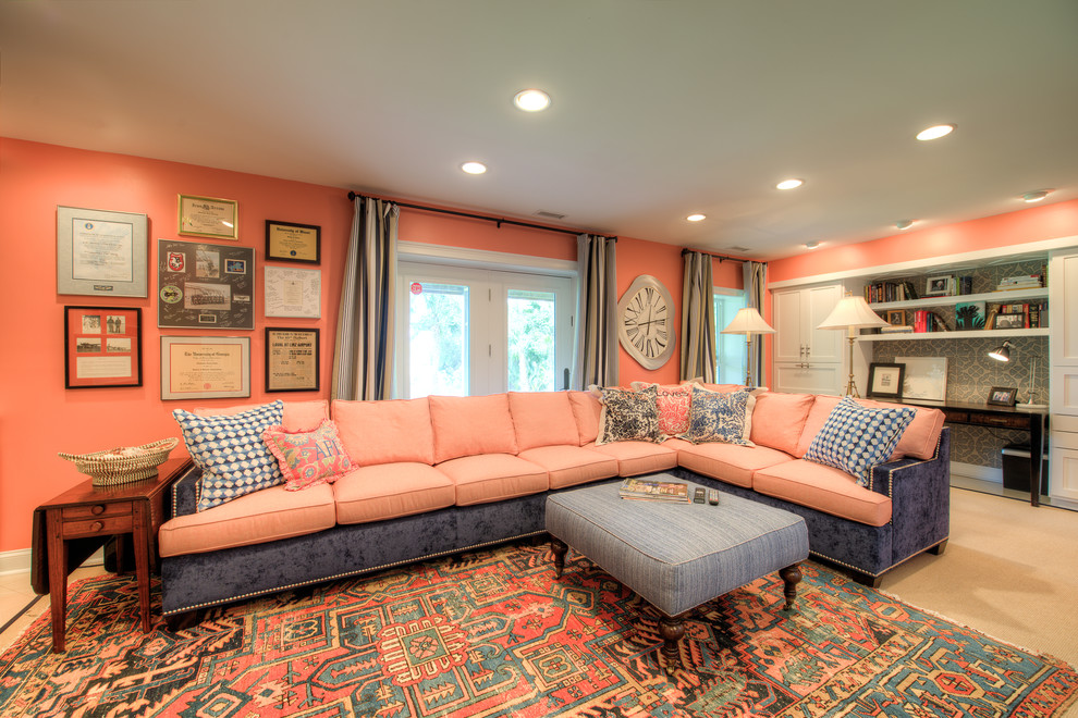 Design ideas for a medium sized bohemian enclosed games room in Charleston with a game room, pink walls and carpet.