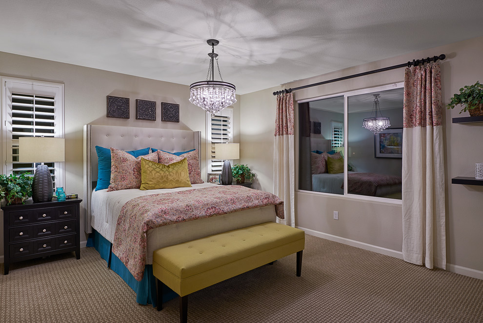 Bedroom - transitional master carpeted and beige floor bedroom idea with beige walls
