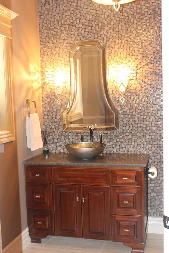 Inspiration for a mid-sized transitional 3/4 porcelain tile bathroom remodel with a vessel sink and quartz countertops