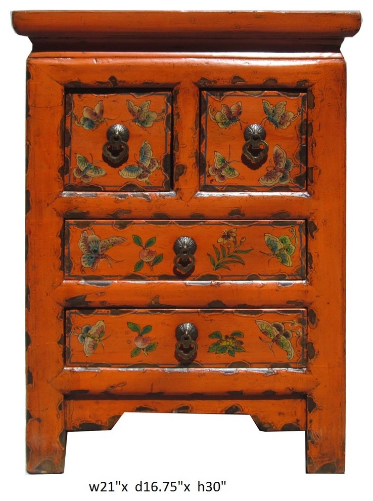 Chinese Orange End Table Nightstans with Butterflies Graphic
