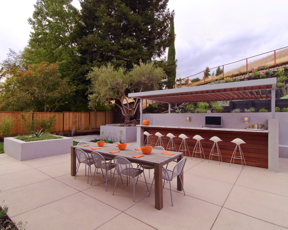 This is an example of a large contemporary backyard patio in San Francisco with no cover and concrete pavers.