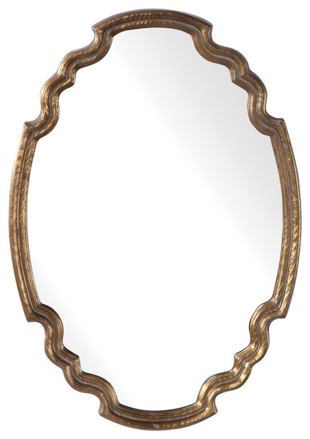 Elegant Curved Gold Oval Wall Vanity, Wood Frame Bathroom Mirror Oval
