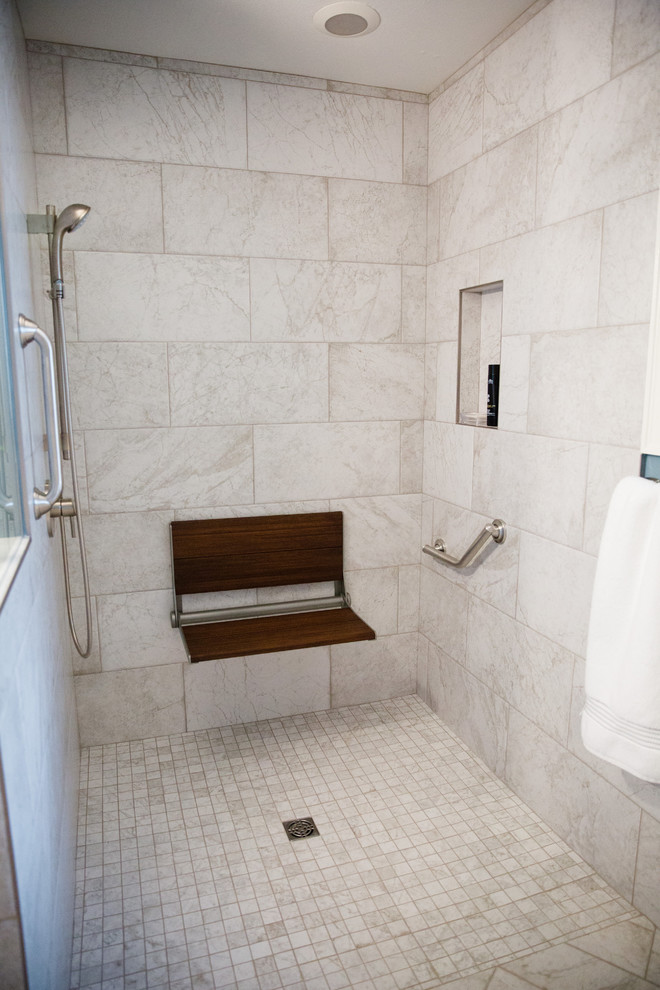 Example of a mid-sized transitional master gray tile and porcelain tile porcelain tile doorless shower design in Seattle with flat-panel cabinets, dark wood cabinets, blue walls, an undermount sink and quartz countertops