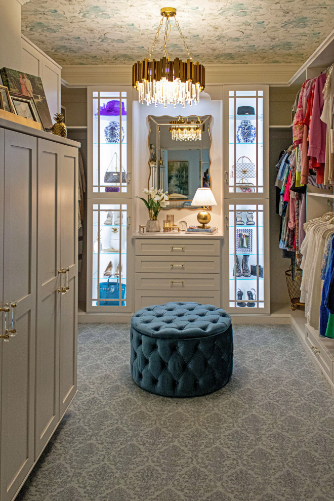 Inspiration for a mid-sized timeless women's carpeted, gray floor and wallpaper ceiling walk-in closet remodel in Cleveland with flat-panel cabinets and white cabinets