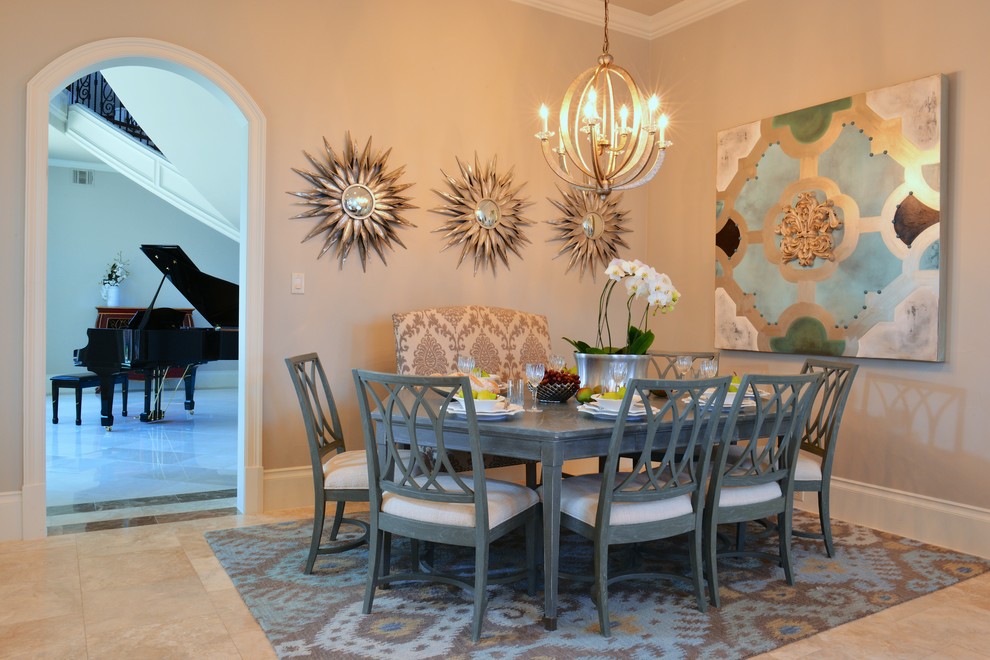 Mid-sized transitional kitchen/dining combo in Dallas with porcelain floors, grey walls, no fireplace and beige floor.