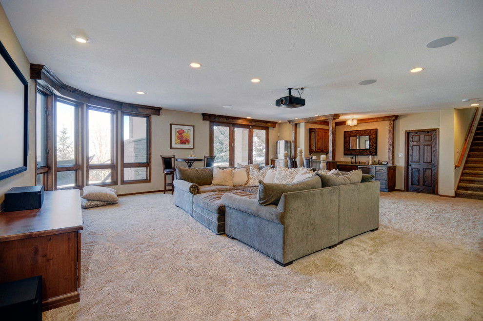 Large transitional walk-out carpeted basement photo in Denver