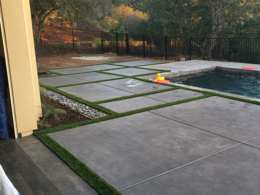 Exemple d'un grand piscine avec aménagement paysager arrière chic rectangle avec une dalle de béton.