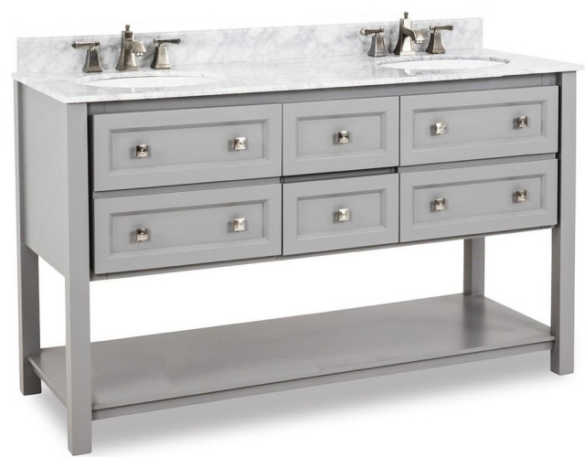 60"Double Gray vanity, open bottom shelf, Carrra Marble top, 2 oval