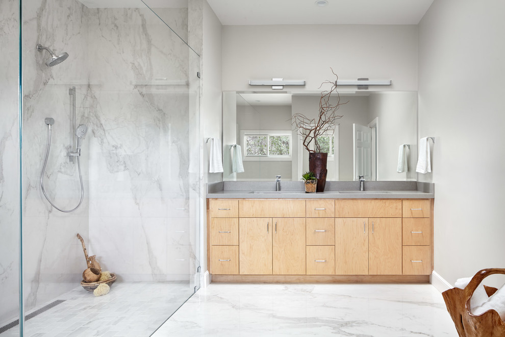 Large contemporary master bathroom in San Francisco with flat-panel cabinets, medium wood cabinets, a curbless shower, gray tile, white tile, marble, grey walls, marble floors, an undermount sink, engineered quartz benchtops, grey floor, an open shower, grey benchtops, a double vanity and a built-in vanity.