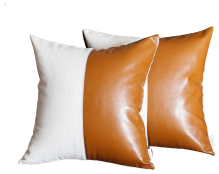 Set of 2 Bichrome Pearl White and Rustic Brown Faux Leather Pillow Covers
