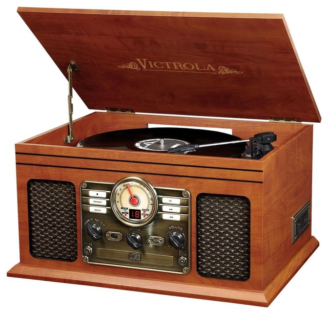 6-in-1 Bluetooth Record Player With 3-Speed Turntable, Dark Brown Mahogany