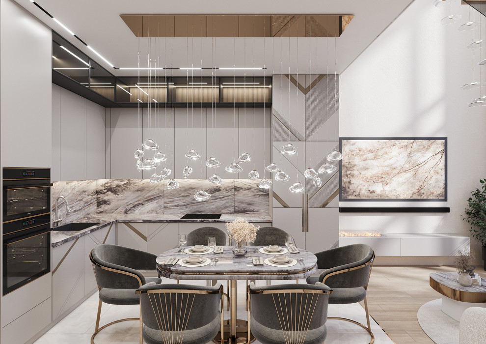 Дизайн кухни-гостиной в двухуровневой квартире в Москве