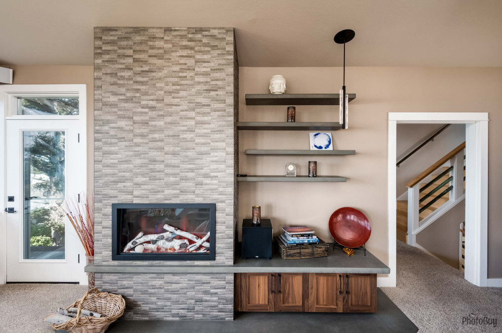 This is an example of a contemporary living room in Other with concrete floors, a standard fireplace, a tile fireplace surround and grey floor.