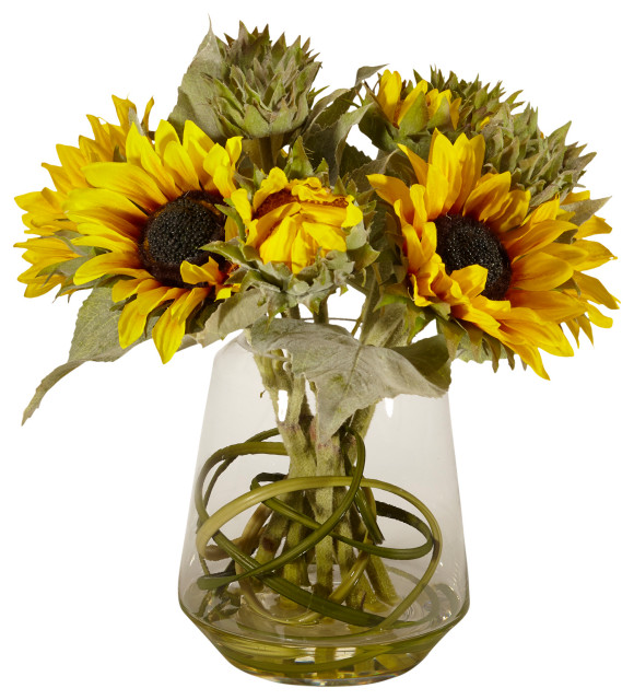 Sunflowers in Clear Glass Vase - Transitional - Artificial Flower ...