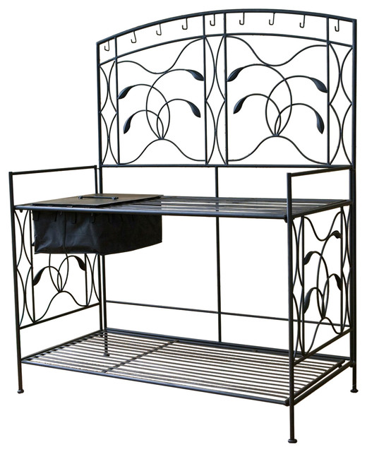 Black Metal Potting Bench With Wrought Iron Vine Details And