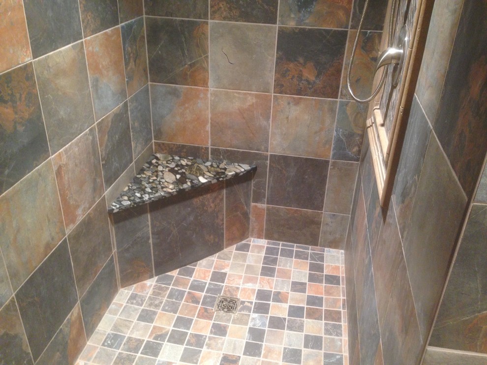 Bathroom - large rustic bathroom idea with open cabinets, light wood cabinets and granite countertops