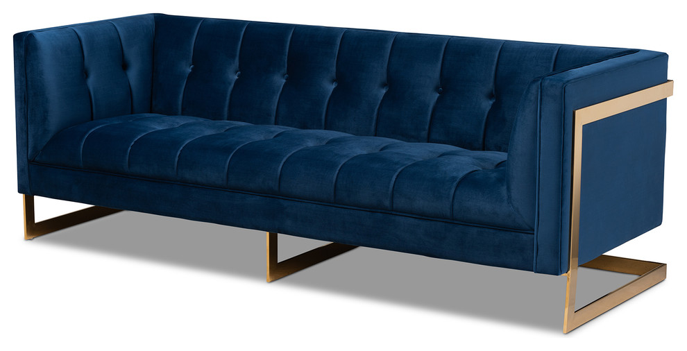 Sharlene Royal Blue Velvet Button Tufted Gold Sofa With GoldTone Frame