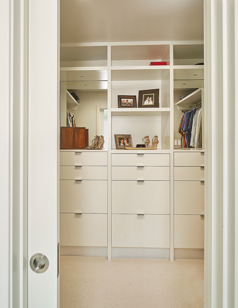 Photo of a mid-sized modern gender-neutral walk-in wardrobe with flat-panel cabinets and white cabinets.