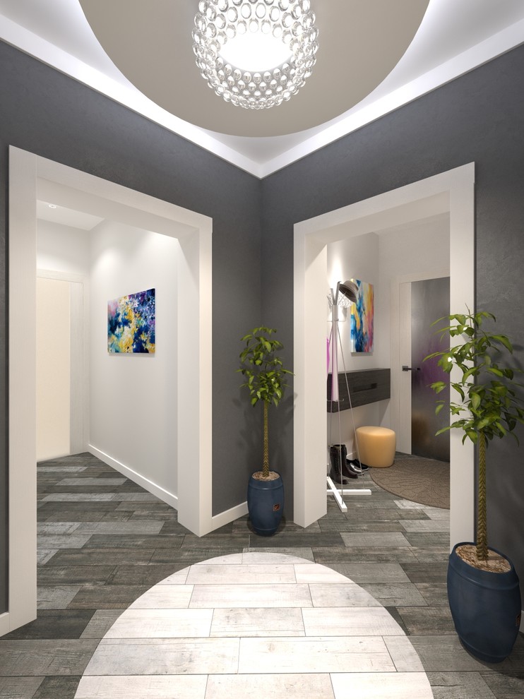Small contemporary hallway in Moscow with grey walls, porcelain floors and grey floor.