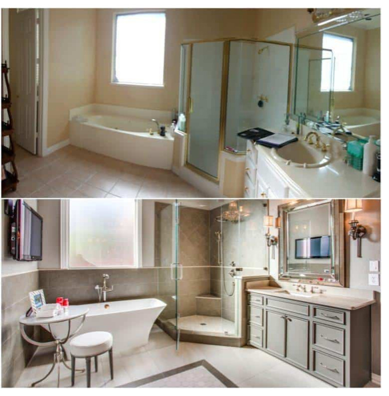 Inspiration for a large contemporary master bathroom in Houston with flat-panel cabinets, brown cabinets, a claw-foot tub, an alcove shower, a two-piece toilet, brown tile, ceramic tile, brown walls, bamboo floors, an integrated sink, engineered quartz benchtops, beige floor, a hinged shower door, brown benchtops, an enclosed toilet, a single vanity, a freestanding vanity and vaulted.