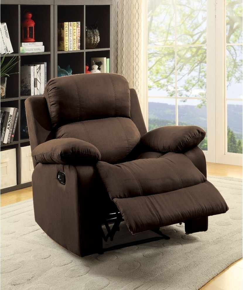 Contemporary Style Upholstered Recliner with Cushioned Armrests, Chocolate Brown Transitional