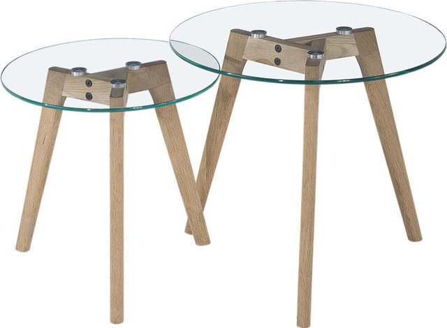 Monarch Round Nesting Tables W/ Oak Legs & Clear, Tempered Glass Monarch Round Nesting Tables With Oak Legs, Tempered Glass, Set of 2 contemporary- - Monarch Round Nesting Tables W/ Oak Legs & Clear, Tempered Glass