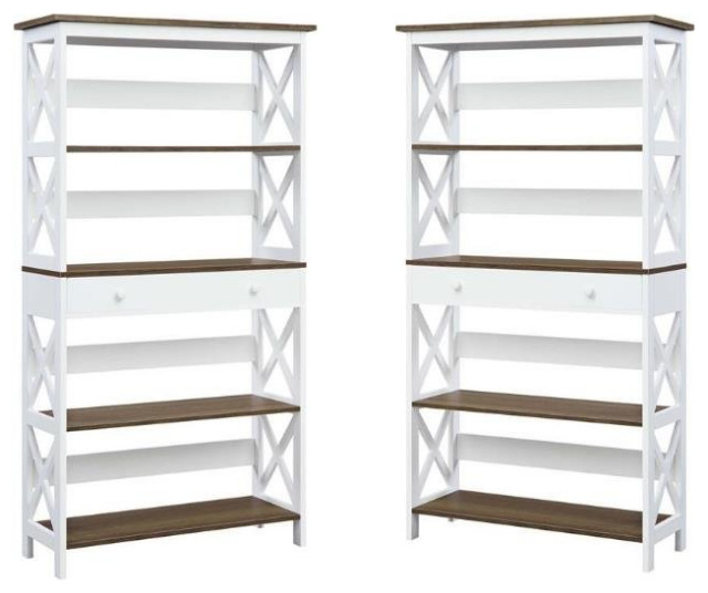 Home Square 5 Tier Shelf Driftwood Bookcase Set in White (Set of 2