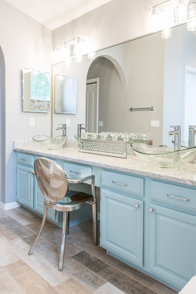 Large traditional master bathroom in Other with turquoise cabinets, a vessel sink, engineered quartz benchtops, a hinged shower door and grey walls.