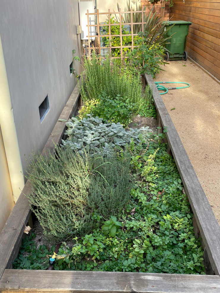 Idéer för mellanstora medelhavsstil trädgårdar i delvis sol som tål torka och längs med huset, med utekrukor och granitkomposit