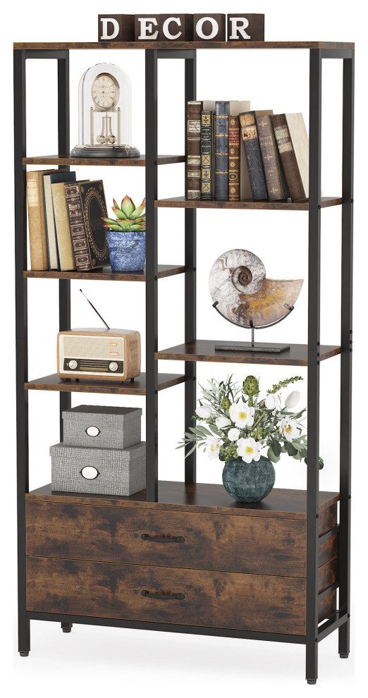 67" Tall Bookshelf, Industrial Bookcase With Drawers and Storage Space