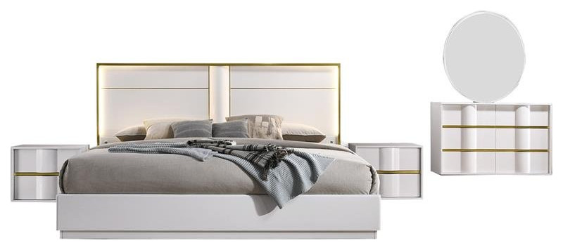 Best Master Havana 5-Piece Poplar Wood Queen Bedroom Set in White/Gold Trim