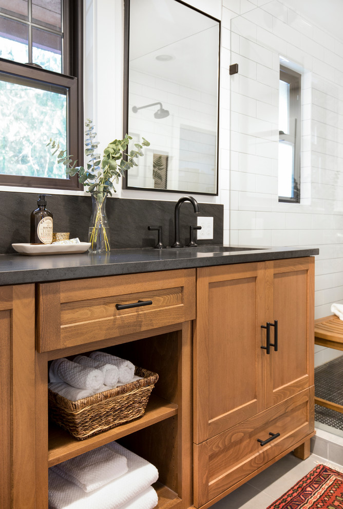 Mid-sized farmhouse master double-sink wet room photo in Seattle with an undermount tub, an undermount sink, marble countertops and a built-in vanity