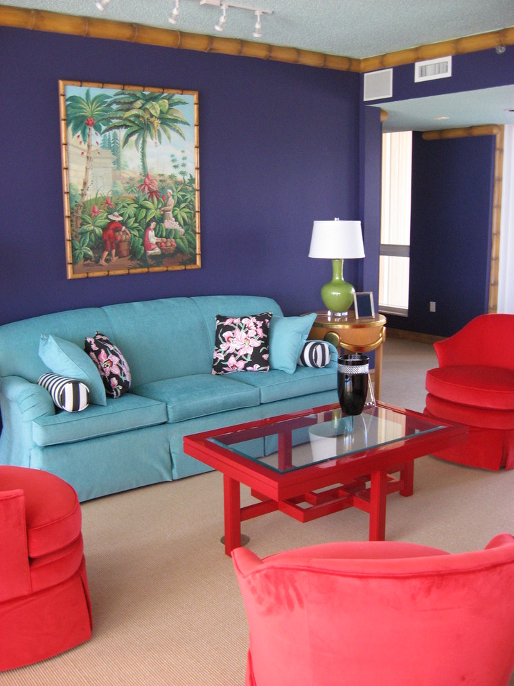 This is an example of a large contemporary enclosed living room in Miami with purple walls and carpet.